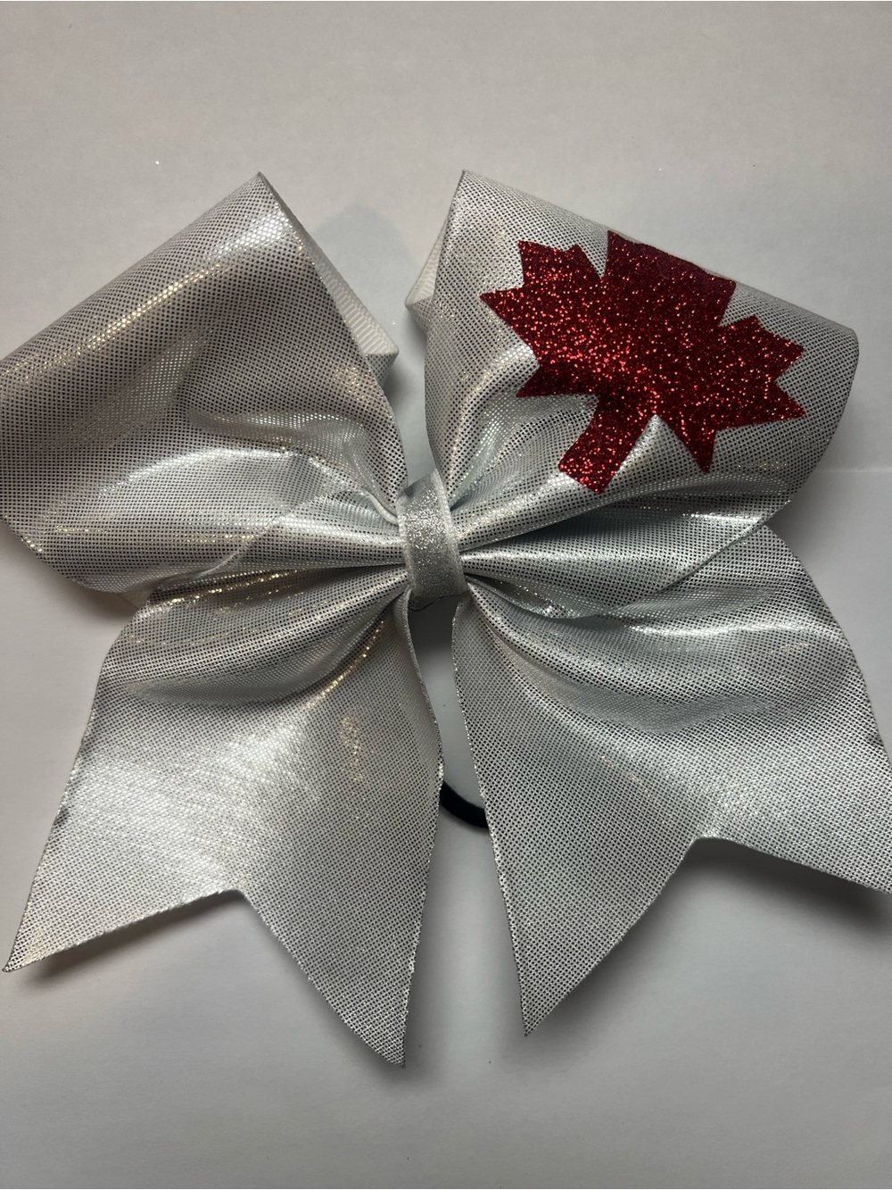 Silver Glitter Maple Bow Hair Accessory with Red Accent Cheerleading Canadian